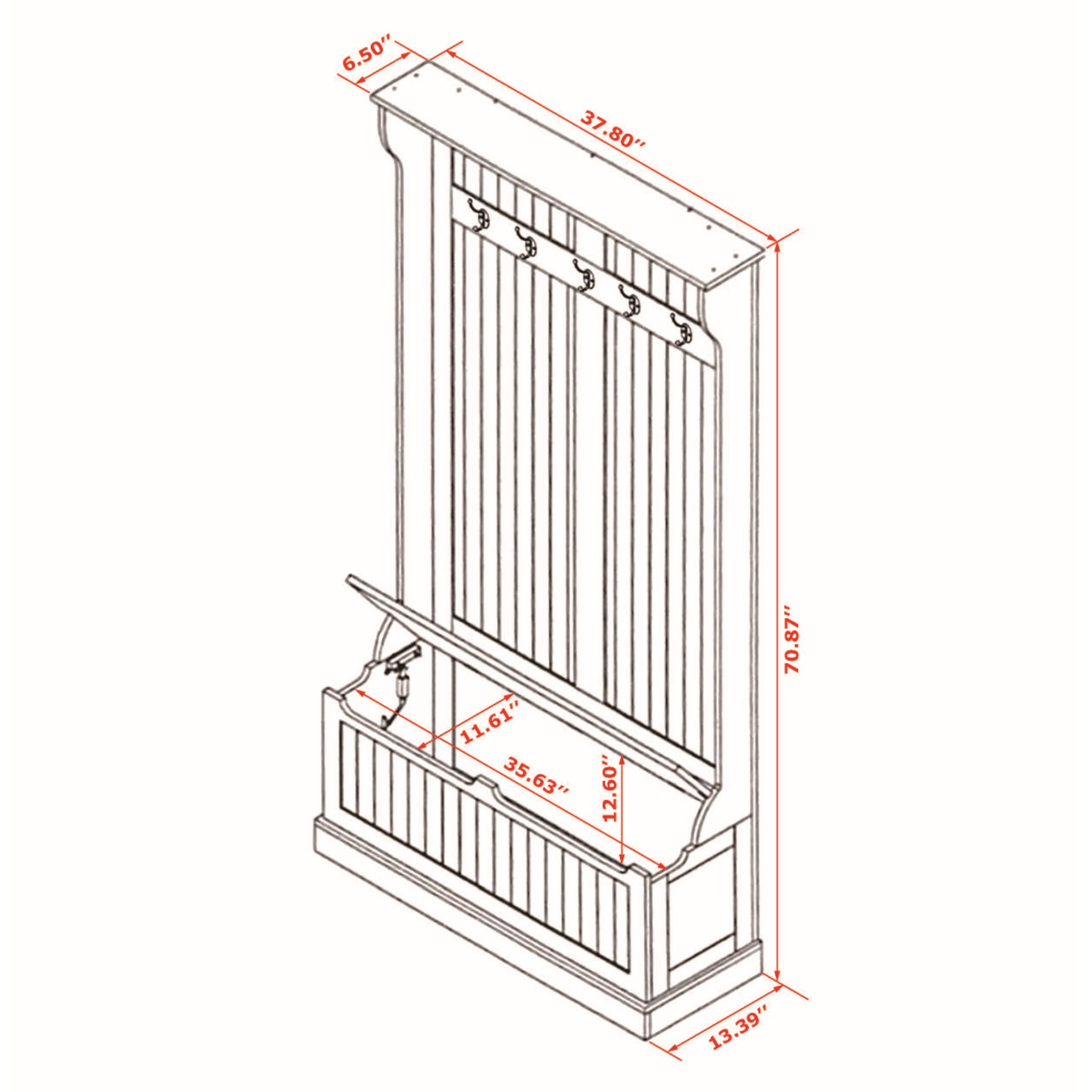 White MDF Wood Hall Tree with Storage Bench - 70.87" H x 37.8" W x 13.39" D