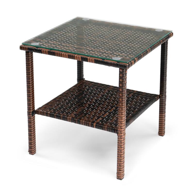 Square Outdoor Tea End Table Wicker Rattan Steel Frame with Tempered Glass Patio Balcony Garden - 17.52" L x 17.52" W x 18.5" H - Brown