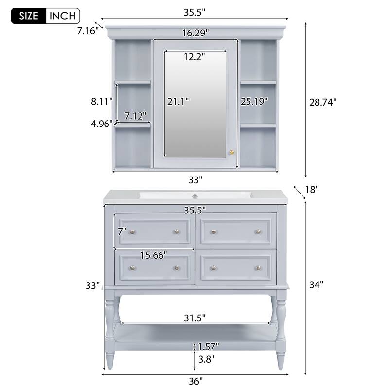 Modern Bathroom Vanity Set with Adjustable Shelf, 4 Drawers & Medicine Cabinet