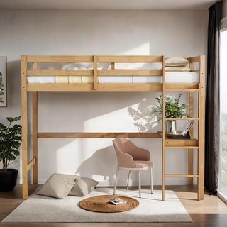 Wood Loft Bed with Safety Guardrail, Built-in Desk, Ladder, White Oak