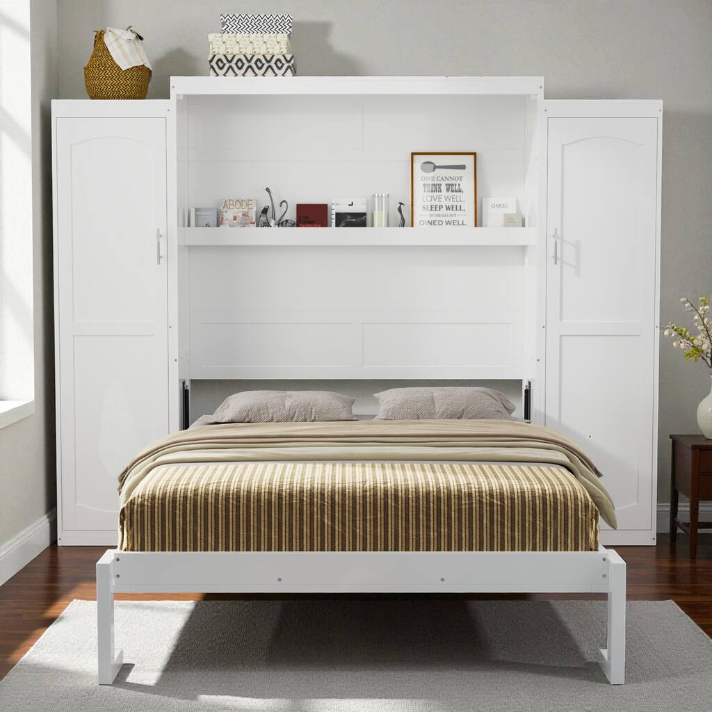 Queen Murphy Bed with Dual Wardrobes and Storage Shelf, Space-Saving Foldable Platform Bedframe for Bedrooms & Guest Rooms