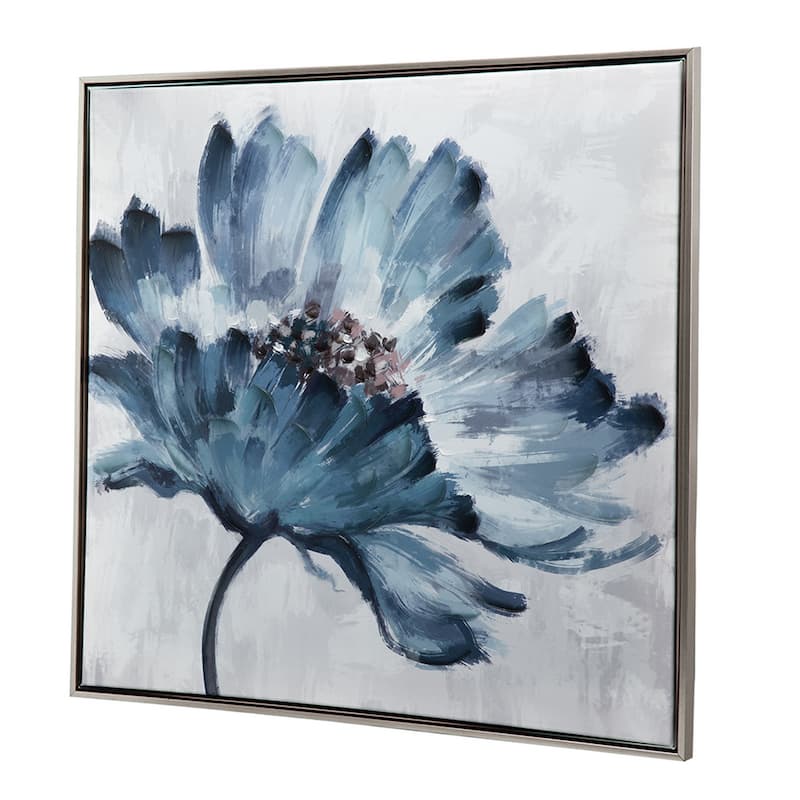 30 x 30 Embellished Handpainted Floral Canvas Wall Art, Blue and White