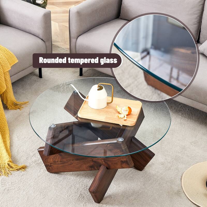 Roomfitters Round Glass Coffee Table with Walnut MDF Legs, 33.4" Tempered Top Accent Table for Living or Dining Room, Walnut