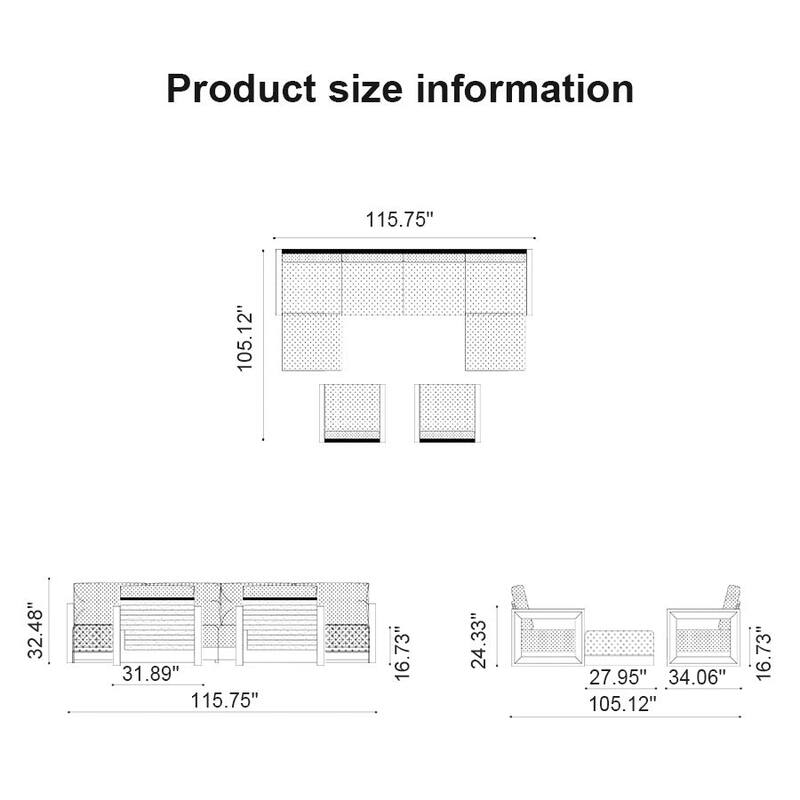 PURPLE LEAF Caesar Enclosed Grey Outdoor Couch with 9.6" Thick for Yard Porch Deck Patio Conversation Sets