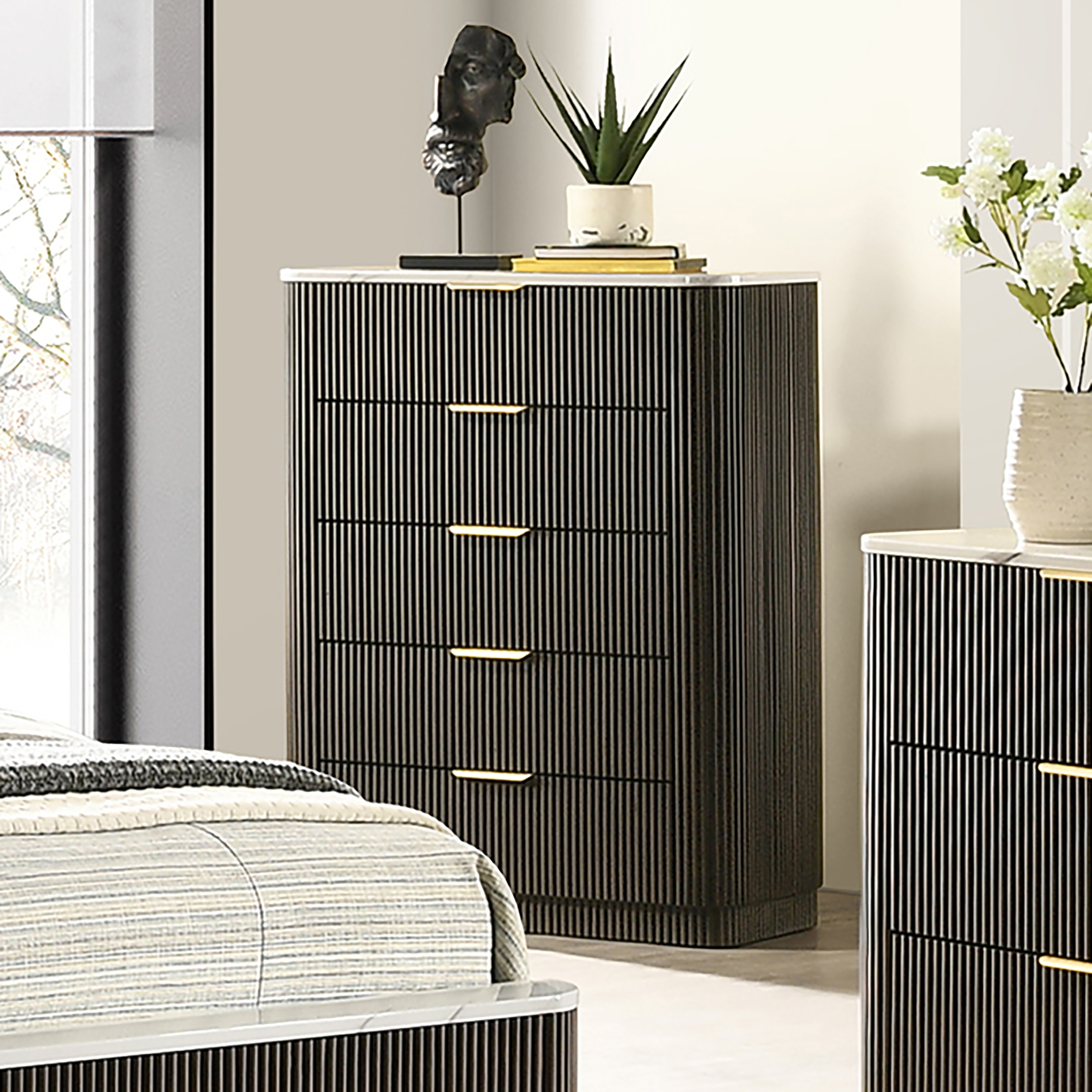 Furniture of America Alta Modern Dark Walnut 5-Drawer Chest with Artificial Marble Top
