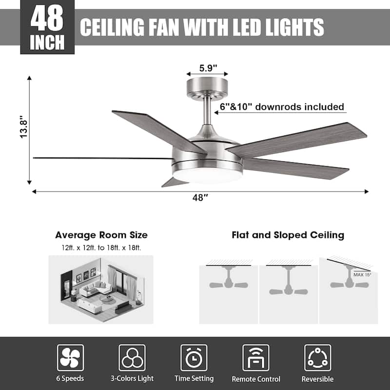 Vaczon 48" Modern Wood Reversible 5-blade Brushed Nickel Smart LED Ceiling Fan with APP