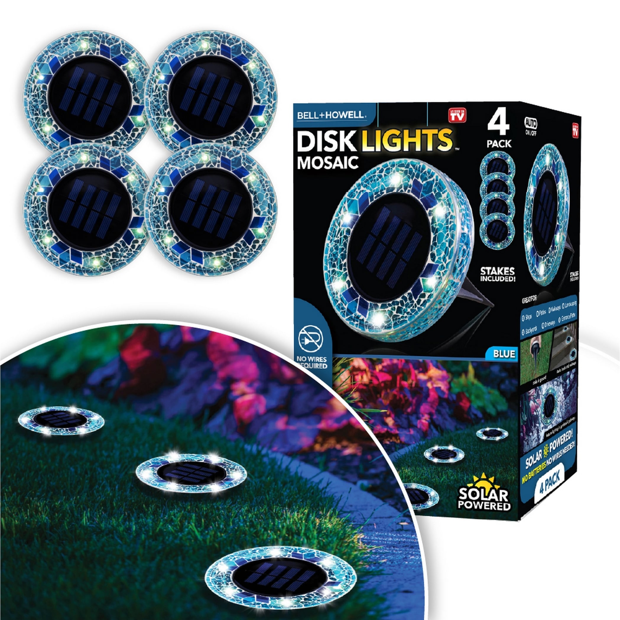 Bell + Howell Blue Mosaic Solar Disk Lights 4-Piece Waterproof LED Outdoor Pathway and Landscape Lights