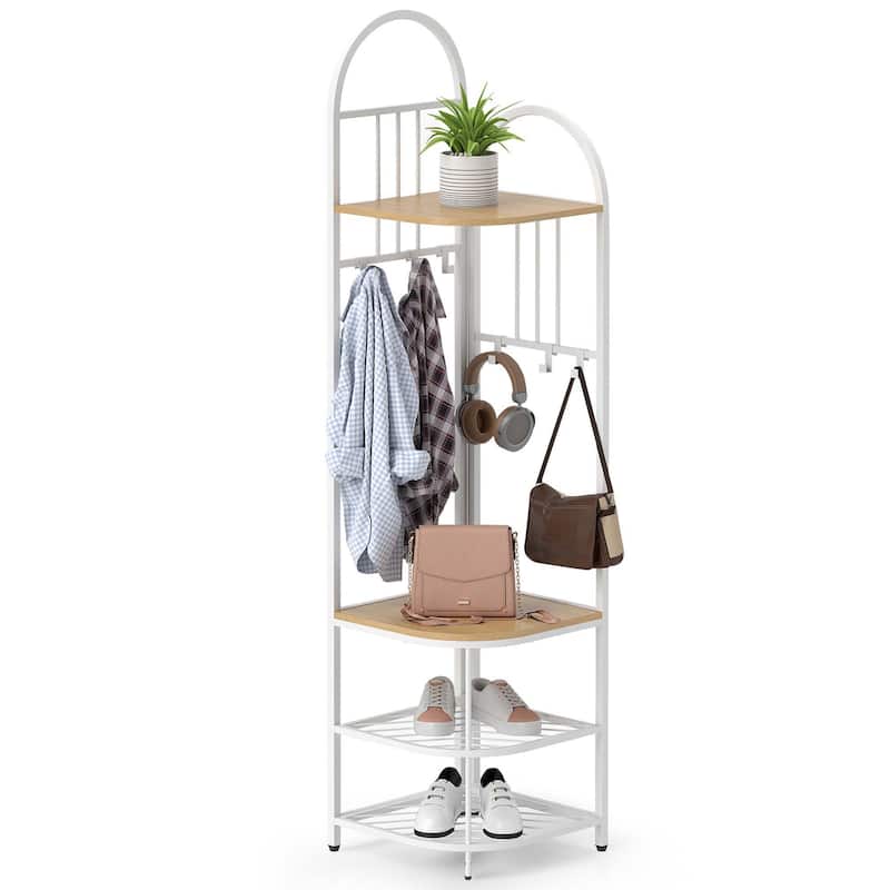 71" Corner Coat Rack 4 Tier Corner Hall Tree w/Shoe Storage Bench - Natural
