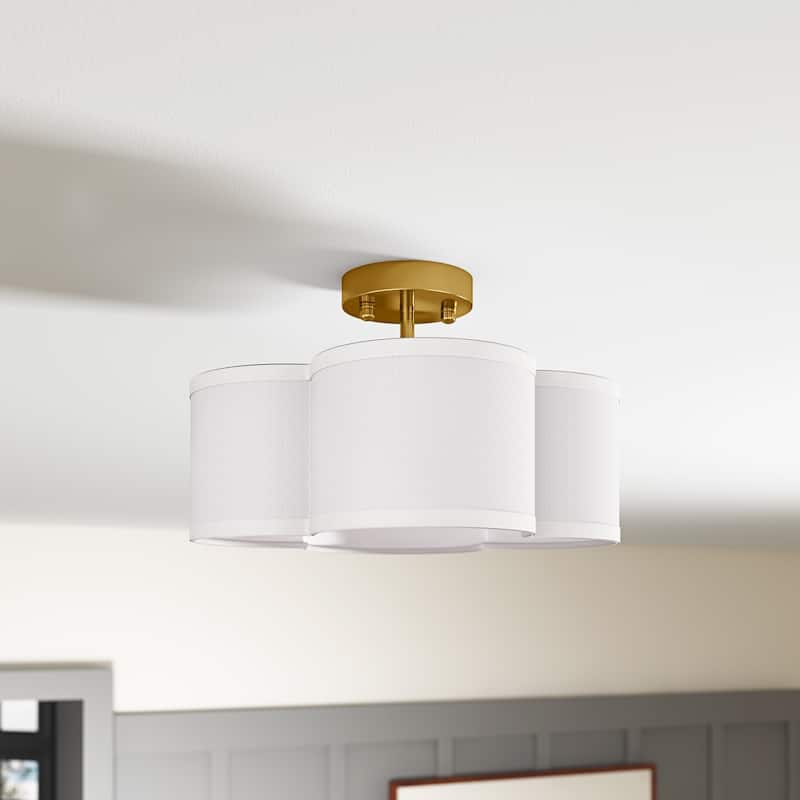 13 Inch 4-Light Semi-Flush Mount Off-White Fabric Drum Shade Ceiling Light