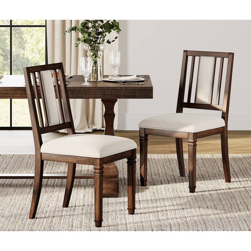 Farmhouse Dining Chair and Bench Set, Solid Wood Upholstered Armless Chair and Dining Bench with Turned Legs - 2 Piece - Brown