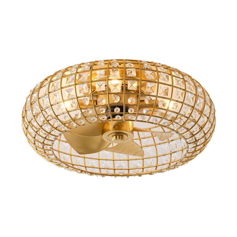 20" Modern Gold Caged 4-Light Crystal Low-Profile Flush Mount Ceiling Fan with Remote