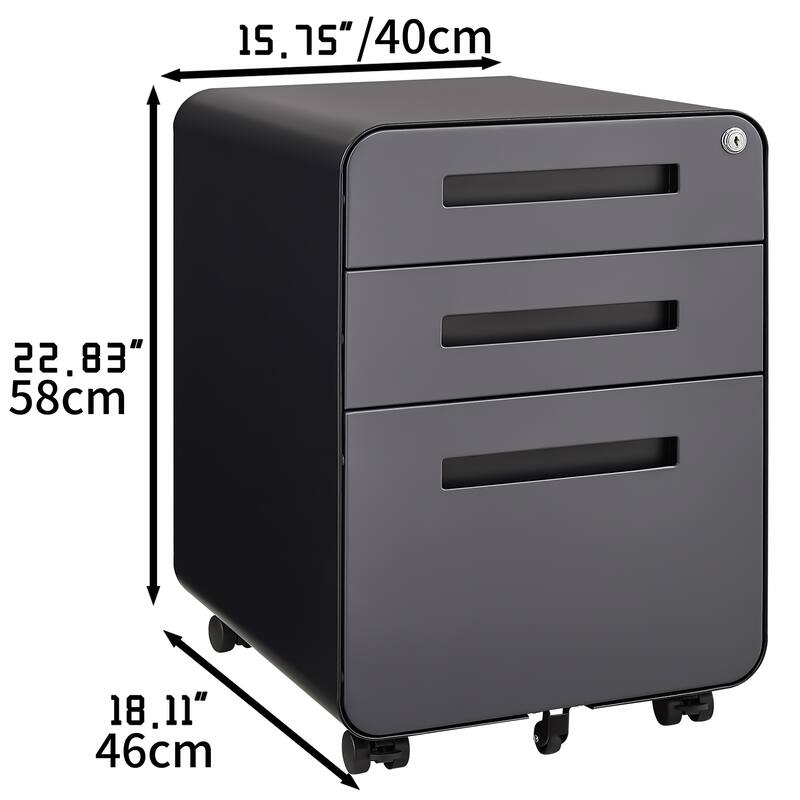 Rounded 3 Drawer Mobile Filing Cabinet, 5-Wheel Design Anti Tilt Cold-Rolled Steel, With Pencil Storage Box