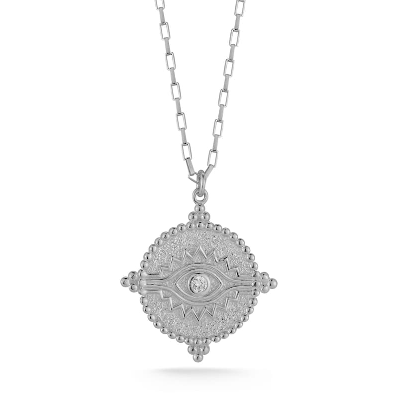 Soleil Sterling Silver Cubic Zirconia Etched Evil Eye Medallion Necklace - White