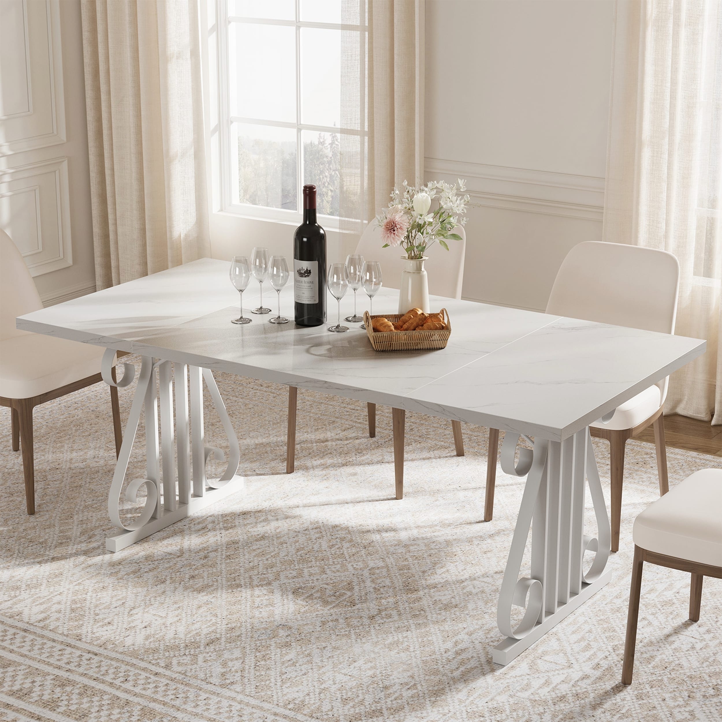 Modern Rectangular Dining Table Metal Frame and Adjustable Feet for Family Meals and Gatherings