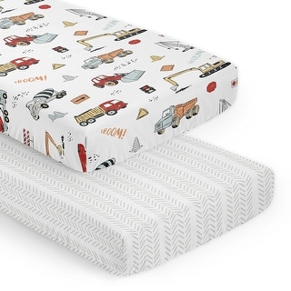Sweet Jojo Designs Red Blue Construction Truck Boy 2 Pack Fitted Crib Sheets Transportation Bulldozer Tire Track Black and White