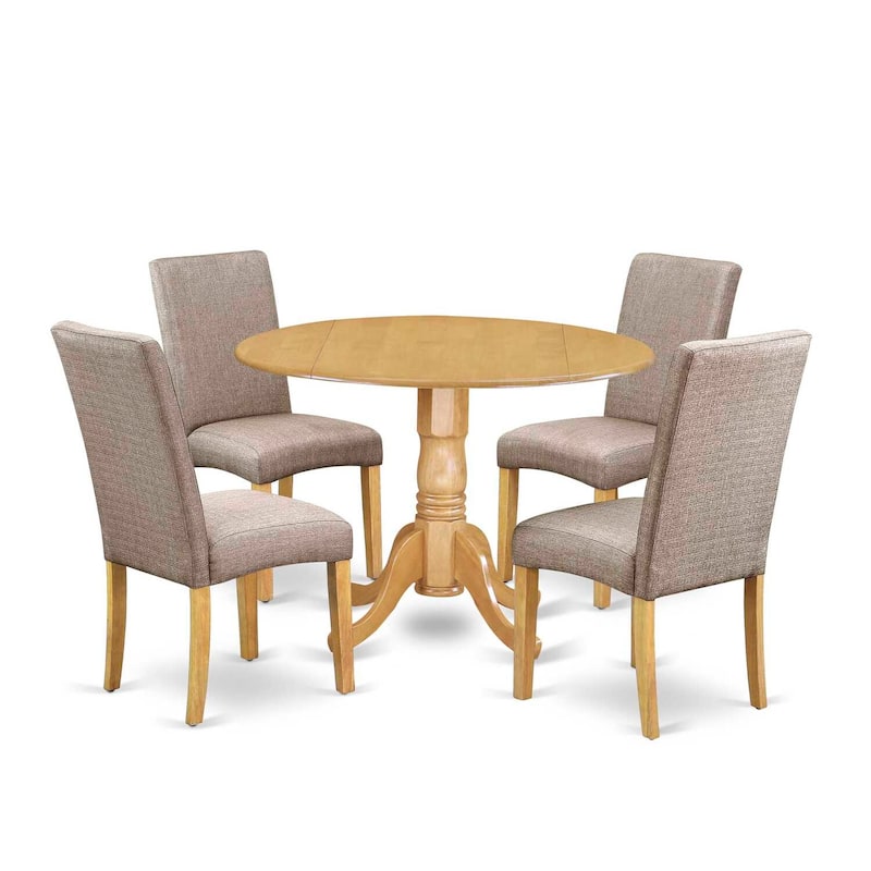 Round Kitchen Table Set 5pc - 42" Table w/ Drop Leaves & 4 Parsons Chairs - Linen Fabric Dark Khaki