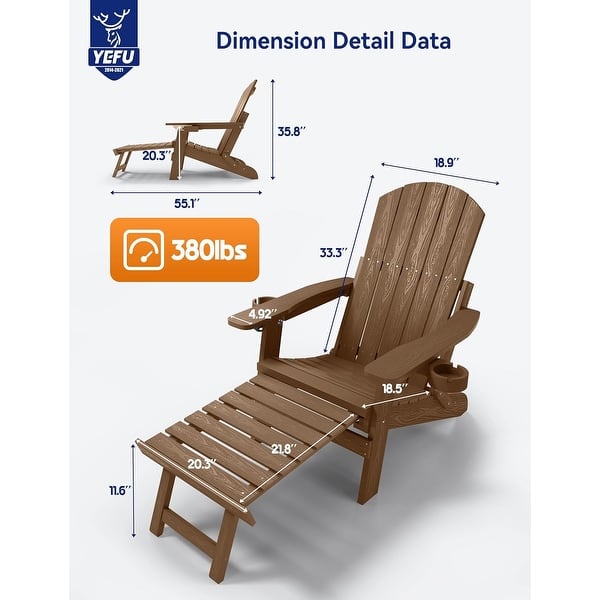 dimension image slide 5 of 6, WINSOON Set of 2 HIPS Folding Adirondack Chair with Adjustable Backrest and Retractable Ottoman