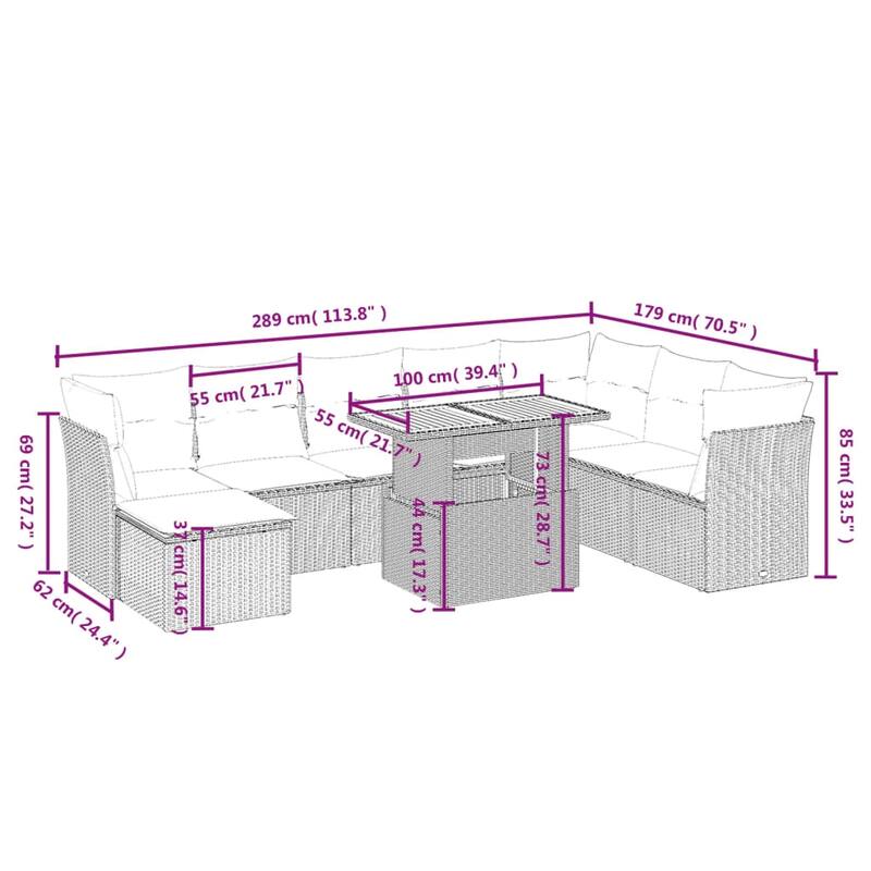 vidaXL Patio Sofa Set with Cushions Outdoor Furniture 9 Piece Poly Rattan - 24.4" x 24.4" x 27.2"