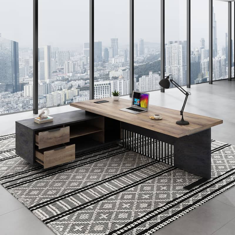 WESOME Large L-Shaped Executive Desk with Drawers Cabinet Cable Management