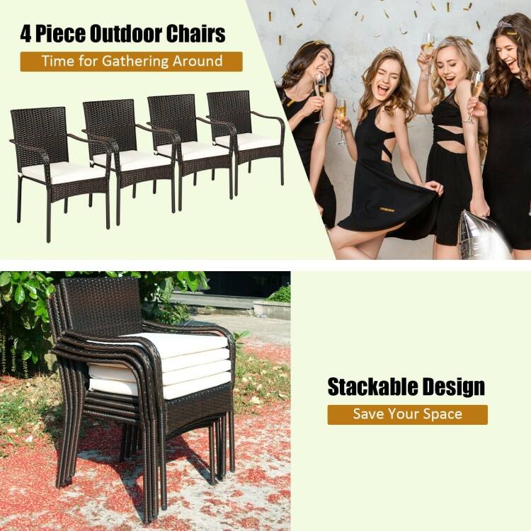 Set of 4 Patio Rattan Stackable Dining Chair with Cushioned Armrest for Garden - 24" x 23" x 34" (L x W x H)