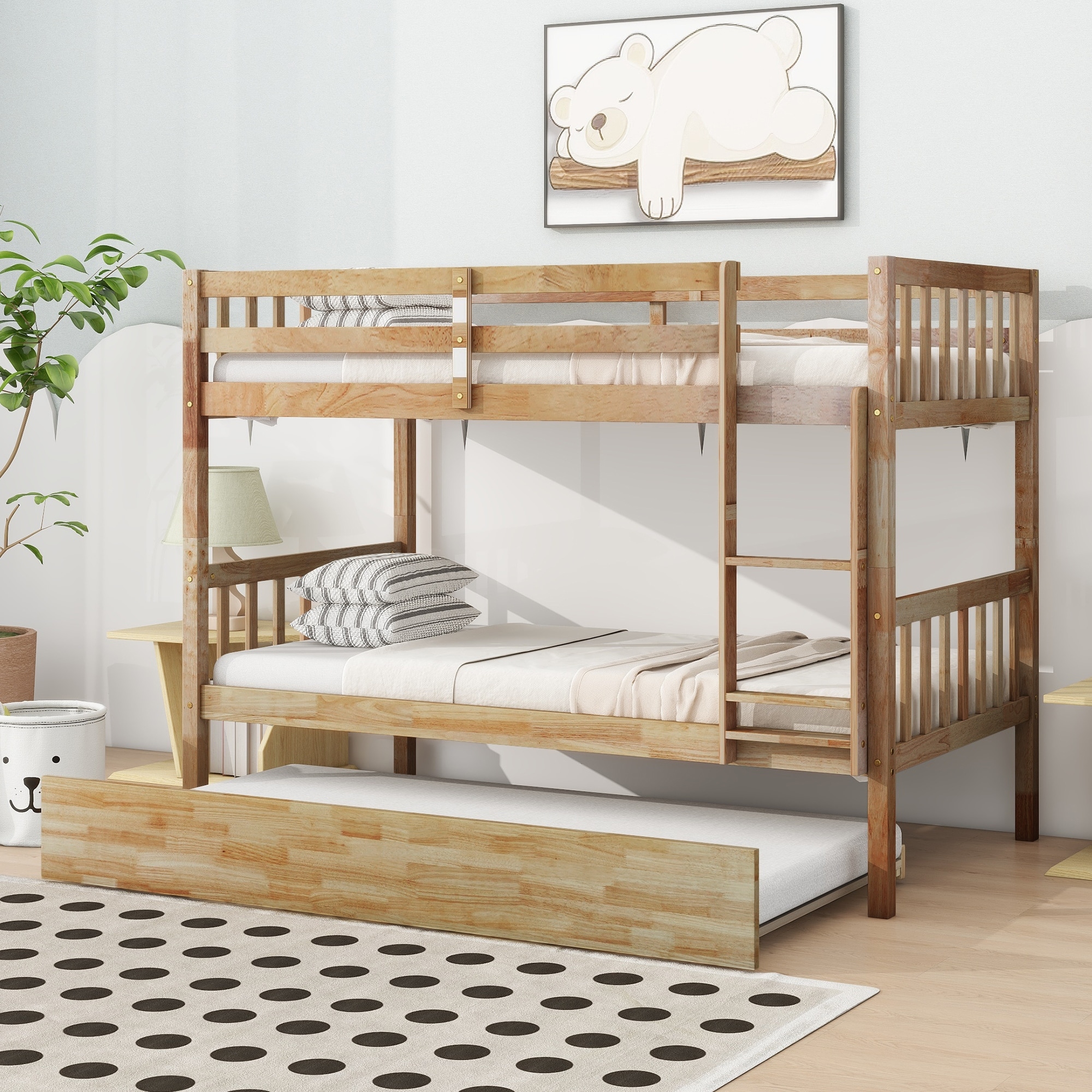 Twin over Twin Rubber Wood Bunk Bed with Trundle