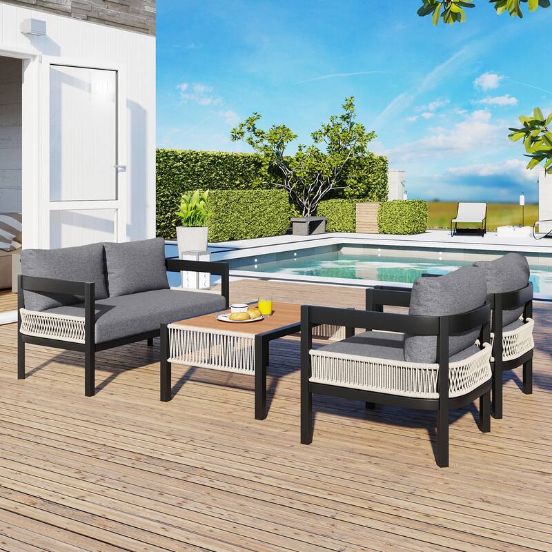 Multi-person Outdoor Iron Sofa Set with A table, Rattan Decoration, Waterproof, Rust-proof, Suitable for Garden - Grey