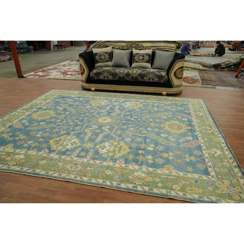 Vegetable Dye Blue Oushak Turkish Area Rug, Floral Geometric Carpet - 11' 9'' X 9' 5''