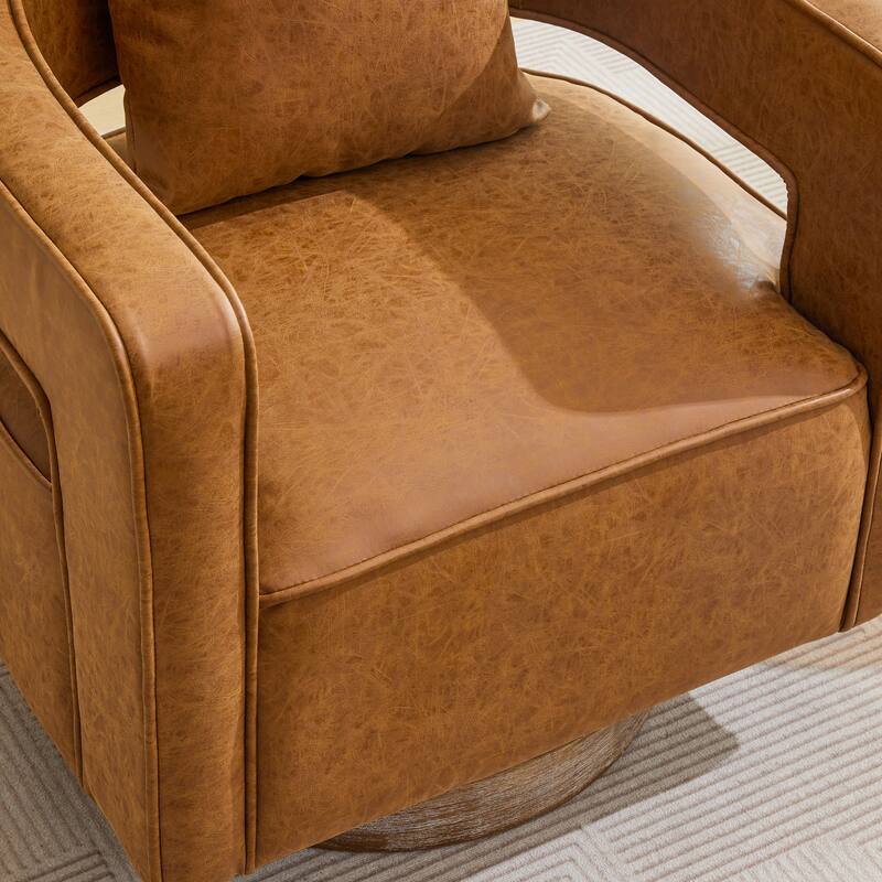 Modern Swivel Chair,PU leather Barrel Chair with Wooden Base and pillow