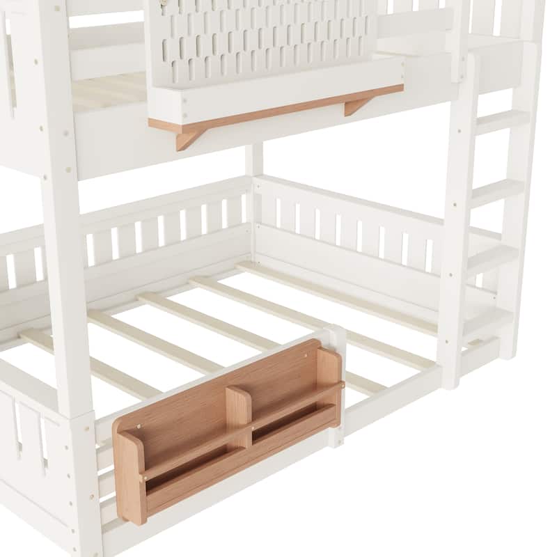 Wooden Bunk Bed of 3 Kinds Size with Pegboard, Bookshelf and Guardrails, Detachable Bunk Bed Convertible 2 Platform Beds