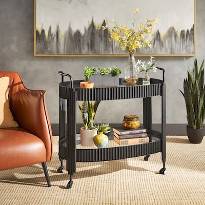 Anaconda Black Finish Metal Oval Bar Cart with Clear Tempered Glass by iNSPIRE Q Modern