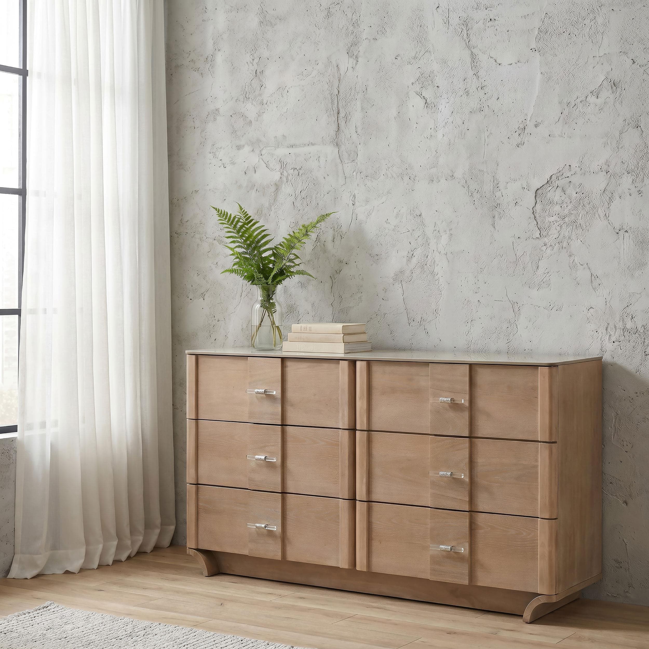 light oak dresser Arielle 6-drawer Bedroom with Mirror free access Light Oak Finish Post Modern