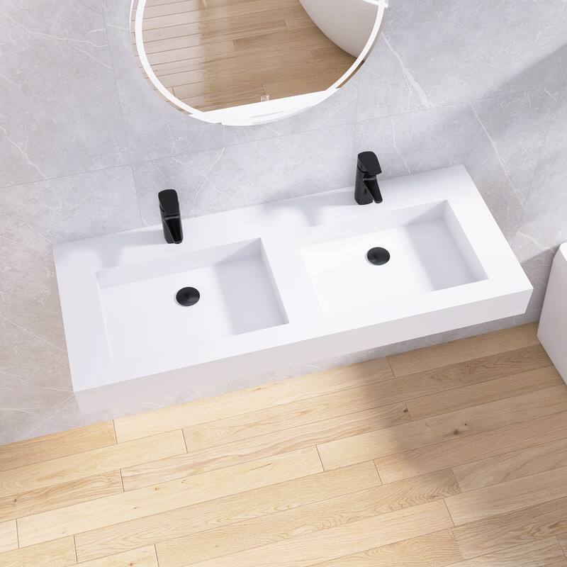 Tubcraft 47/59 in. Stone Solid Surface Wall-Mounted Rectangular Double Vessel Bathroom Sinks