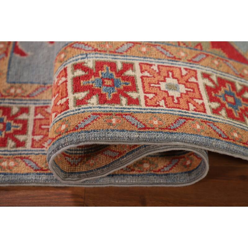 Geometric Kazak Accent Rug Hand-Knotted Oriental Blue Wool Carpet - 3'3"x 5'0"