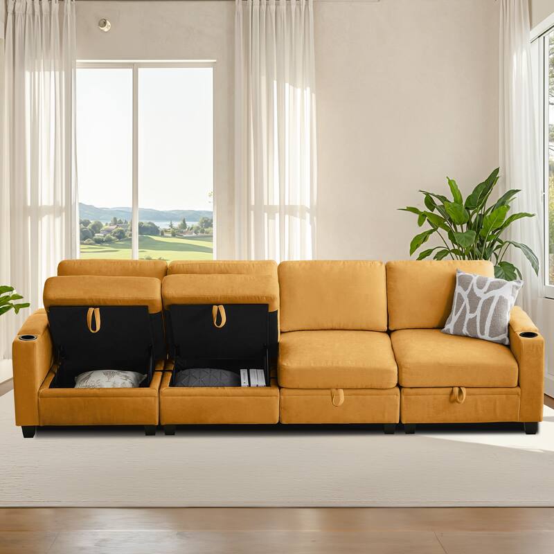 Chenille Sectional Sofa, Hidden Storage & Modular Design