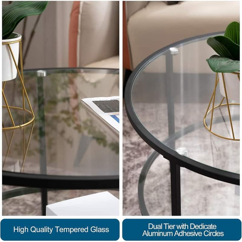 VINGLI Double-Layer Round Glass Matt Black Powder-Coated Iron Frame Coffee Table