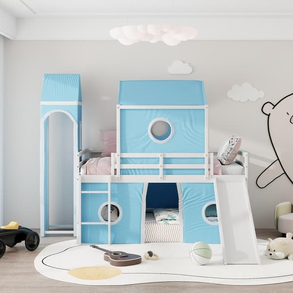 slide 2 of 27, Twin Size Loft Bed with Slide, Blue Tent and Tower