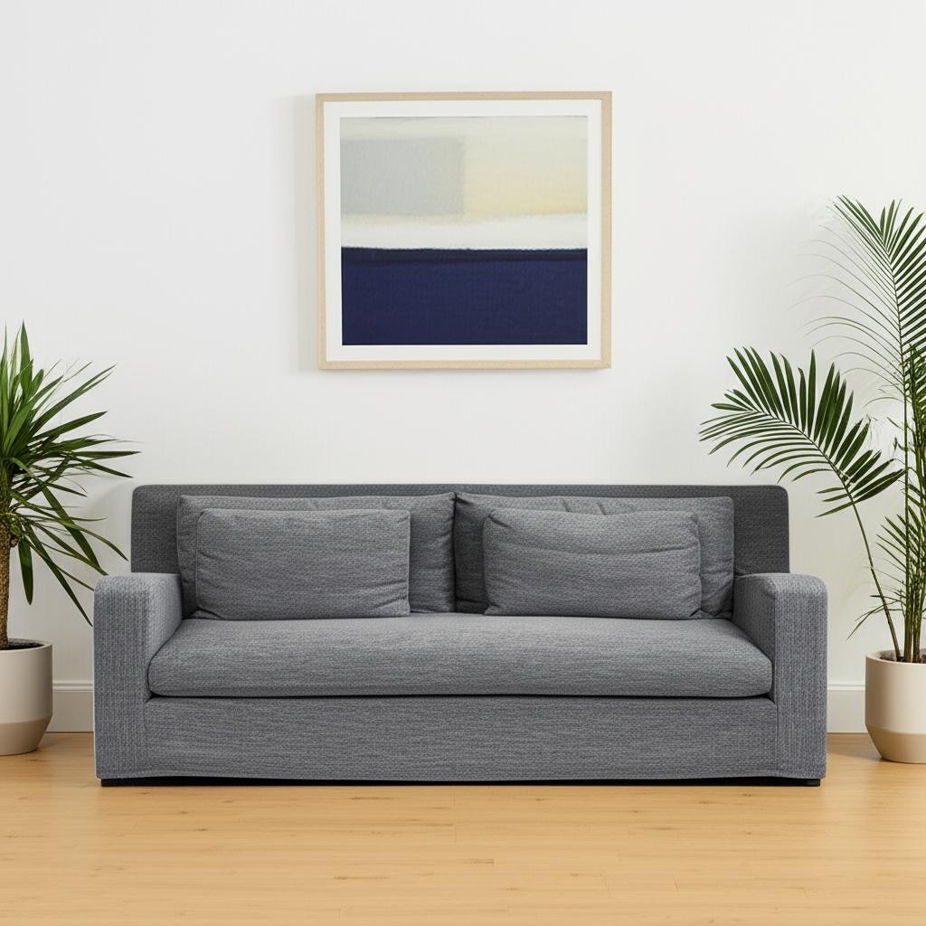 HomeRoots 93" Dark Gray Slipcovered Fabric Sofa With Toss Pillows