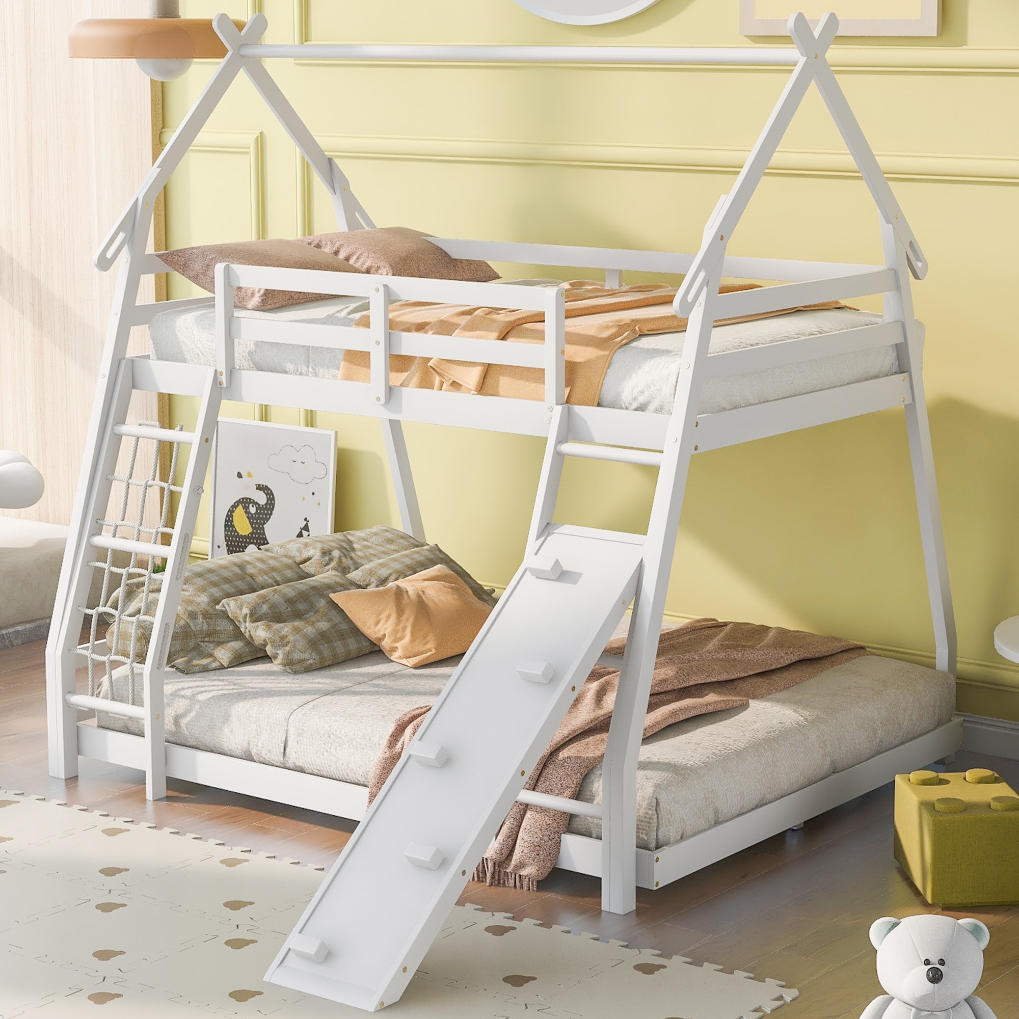 Twin over Queen Pine Wood House Bunk Bed with Climbing Nets Climbing Ramp and Guardrails Natural