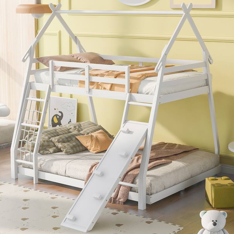Twin Over Queen House Bunk Bed with Climbing Nets & Climbing Ramp