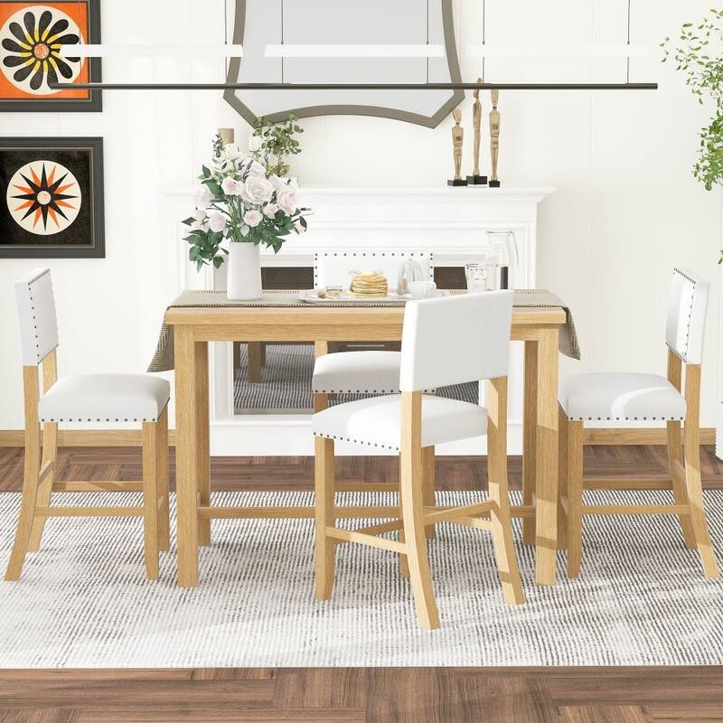 Moda Furnishings 5-Piece Counter Height Dining Set, Classic Elegant Table and 4 Chairs in Espresso and Beige