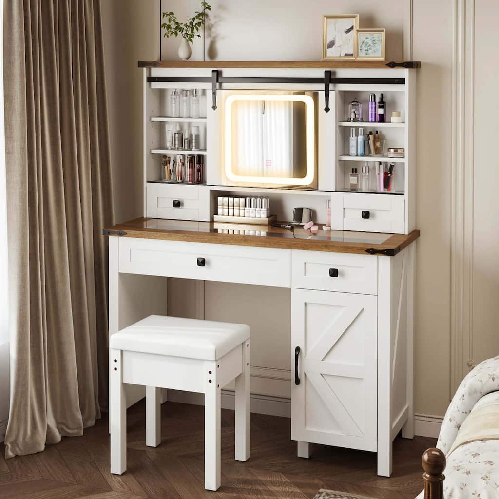 Costway Farmhouse Vanity Desk with Sliding Mirror Makeup Vanity Table - See Details