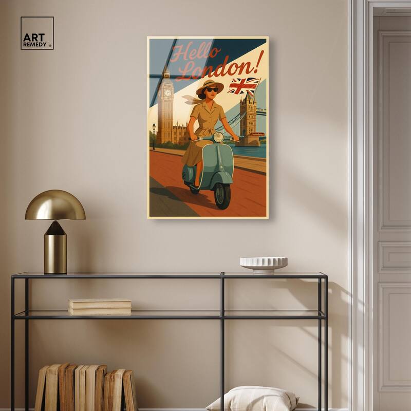 Scooter English Travel Acrylic by Art Remedy, Ready to Hang