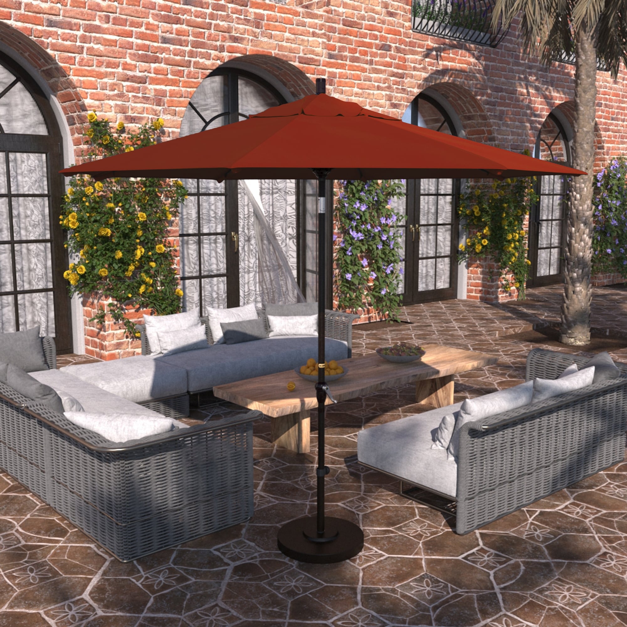 California Umbrella 9' Sunset Series Patio Umbrella Bronze Aluminum Frame and Ribs, Crank Lift Auto Tilt, Pacifica Pacific Blue