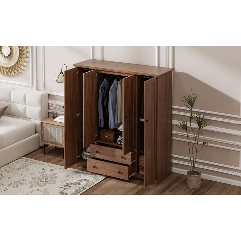4-Door Wardrobe Armoire Closet with 2 Drawers, Brown Clothing Storage Cabinet Organizer with Hanging Rod