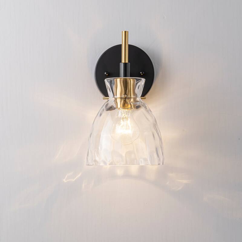 1-Light/3-Light Matte Black and Antique Brass Bathroom Vanity Light with Water-Rippled Glass Shade
