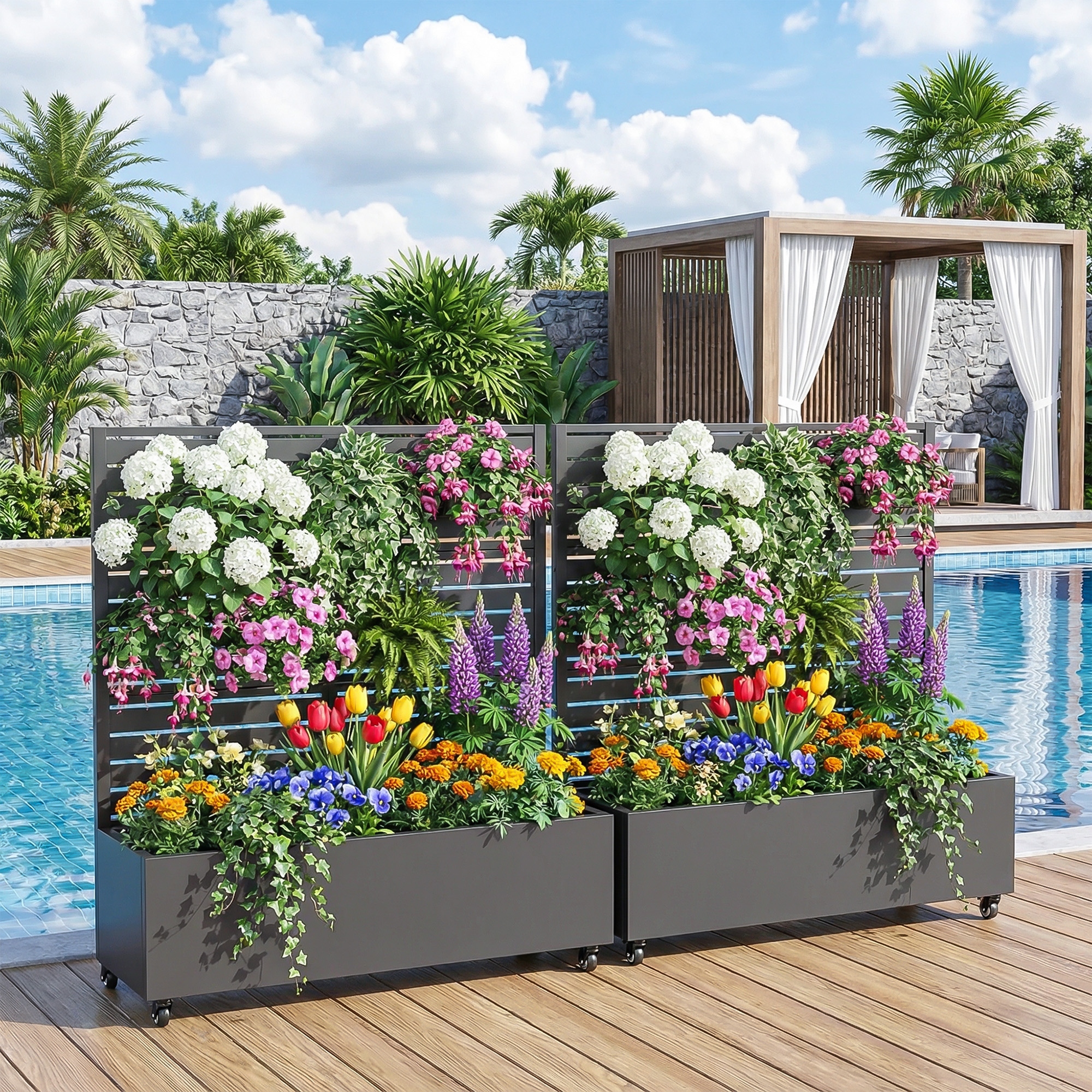 Metal Planter Box with Trellis Privacy Screen Planter Box with Lockable Wheels Set of 2