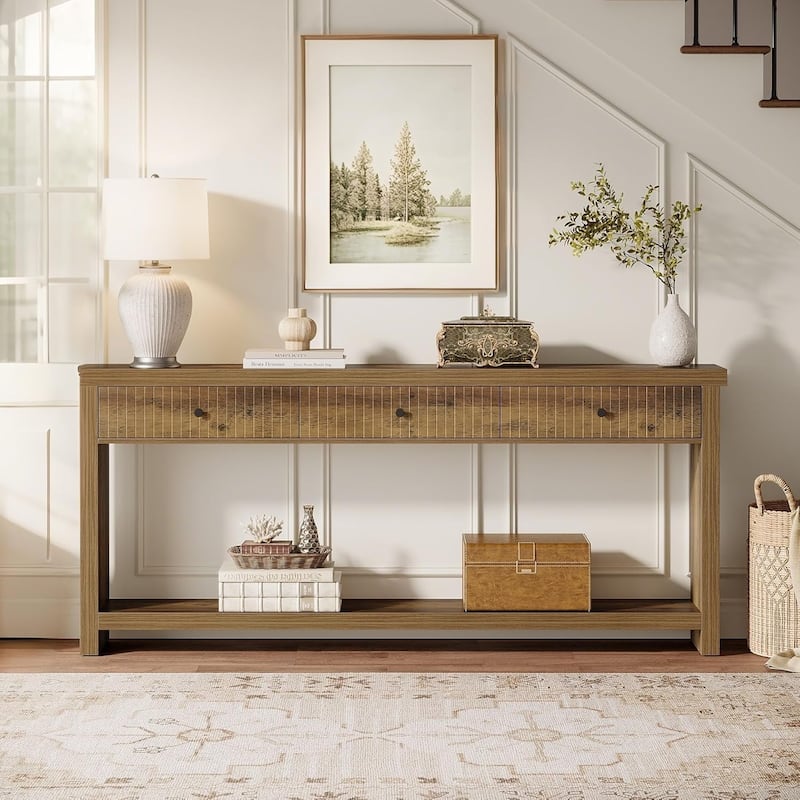 Extra Long Wood Console Table, Oak Sofa Entryway Table with 3 Drawers & Storage Shelves for Living Room, Hallway, Foyer - Brown