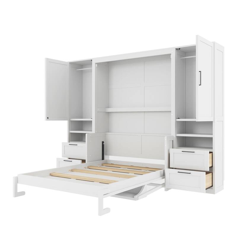 Superior Quality Full Size Murphy Bed Wall Bed with Closet, Drawers & Shelves, Multifunctional Space-Saving Solution, Gray