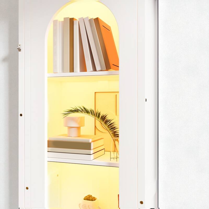 Queen Size Murphy Platform Bed with LED Shelves, Side Cabinets, Desk Panel and Storage Drawers