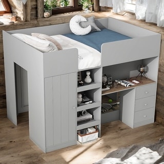 Beige Full Size Loft Bed with Wardrobe, Desk, and Storage